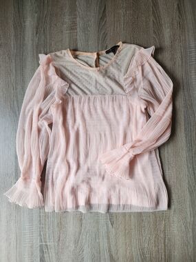 Maje Sheer Ruffle Long-Sleeve Blouse - Light Pink Polka Dot